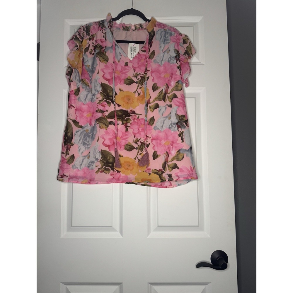 Unbranded Ruffle Flutter Sleeve Tassel Tie Neck Xl Pink Multi Floral Nwt 36